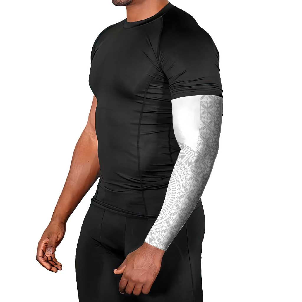 Niue White Sunday Arm Sleeves Half Hiapo Pattern Vibes - Polynesian Pride
