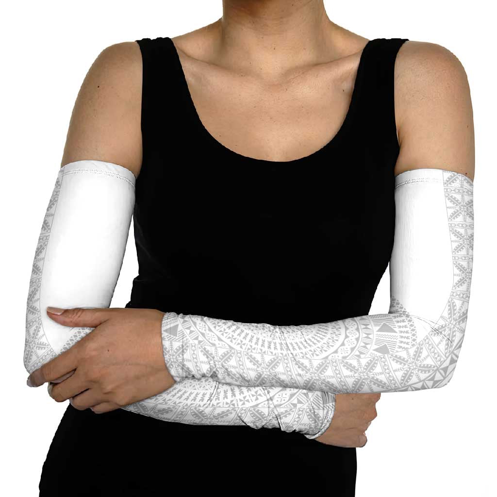 Niue White Sunday Arm Sleeves Half Hiapo Pattern Vibes - Polynesian Pride