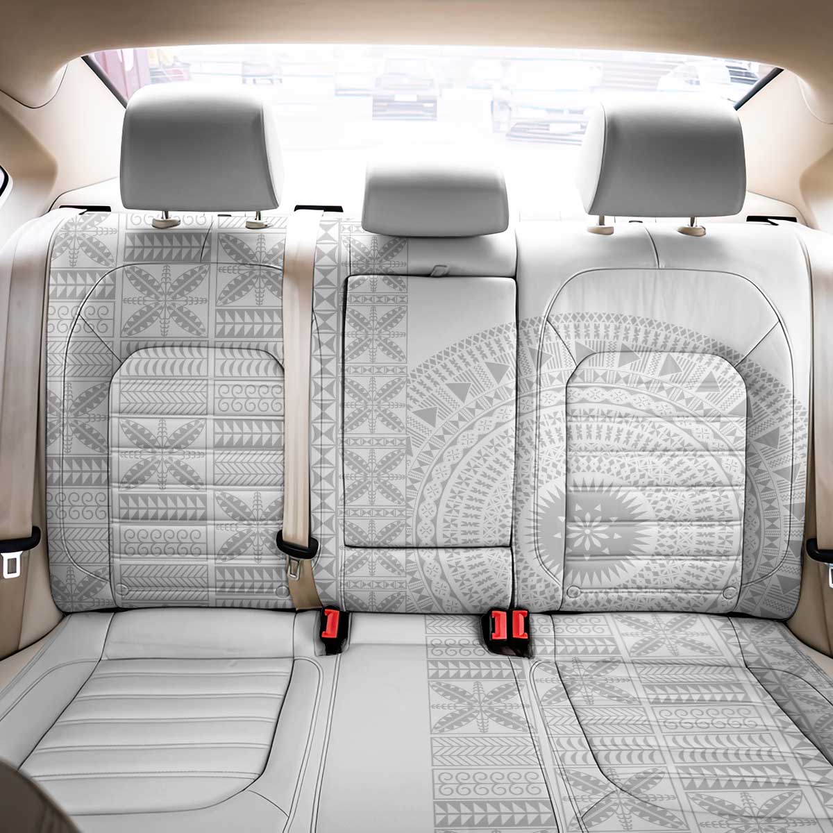 Niue White Sunday Back Car Seat Cover Half Hiapo Pattern Vibes - Polynesian Pride