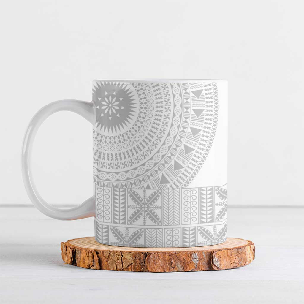 Niue White Sunday Ceramic Mug Half Hiapo Pattern Vibes - Polynesian Pride