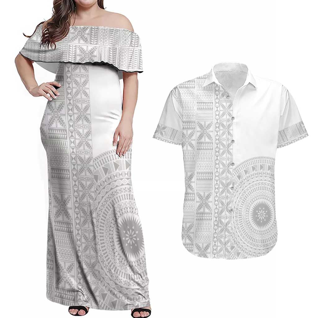 Niue White Sunday Couples Matching Off Shoulder Maxi Dress and Hawaiian Shirt Half Hiapo Pattern Vibes - Polynesian Pride