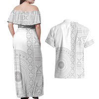 Niue White Sunday Couples Matching Off Shoulder Maxi Dress and Hawaiian Shirt Half Hiapo Pattern Vibes - Polynesian Pride