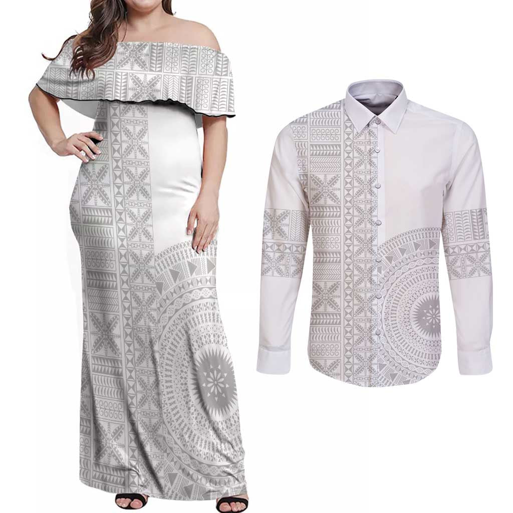 Niue White Sunday Couples Matching Off Shoulder Maxi Dress and Long Sleeve Button Shirt Half Hiapo Pattern Vibes LT14 White - Polynesian Pride