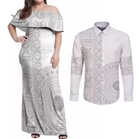 Niue White Sunday Couples Matching Off Shoulder Maxi Dress and Long Sleeve Button Shirt Half Hiapo Pattern Vibes LT14 White - Polynesian Pride