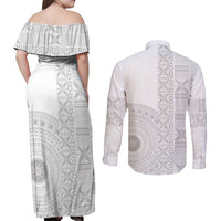 Niue White Sunday Couples Matching Off Shoulder Maxi Dress and Long Sleeve Button Shirt Half Hiapo Pattern Vibes LT14 - Polynesian Pride