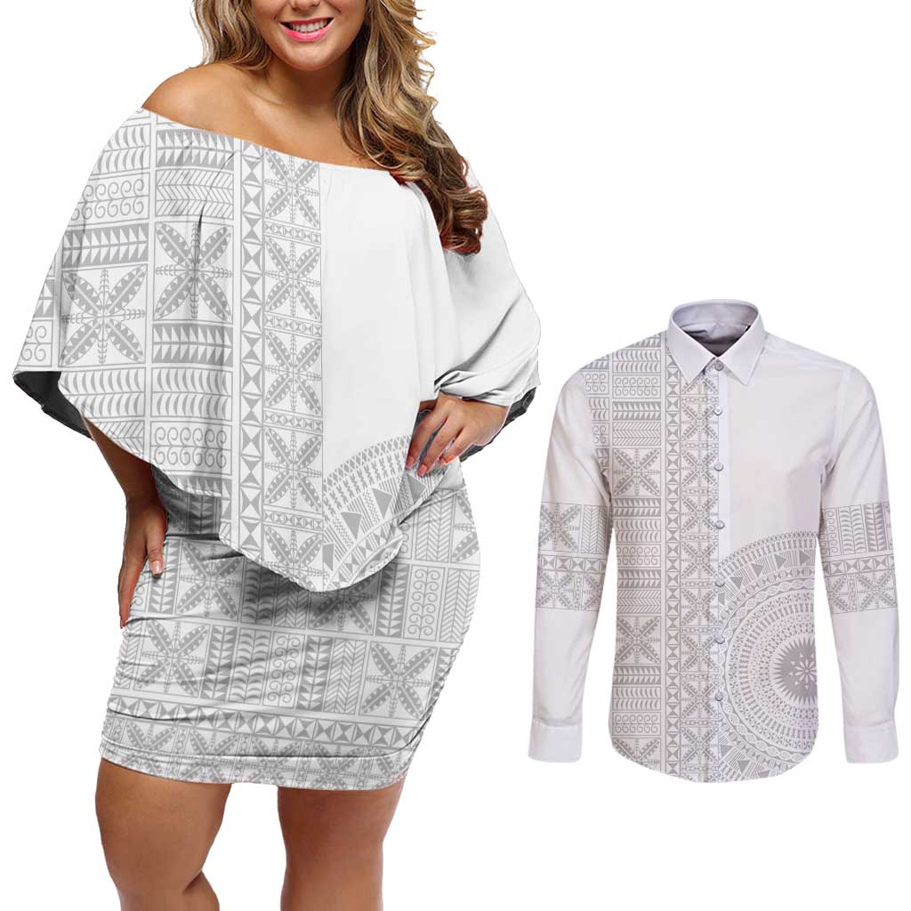 Niue White Sunday Couples Matching Off Shoulder Short Dress and Long Sleeve Button Shirt Half Hiapo Pattern Vibes LT14 White - Polynesian Pride