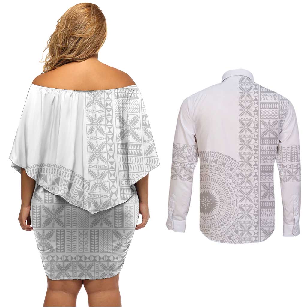 Niue White Sunday Couples Matching Off Shoulder Short Dress and Long Sleeve Button Shirt Half Hiapo Pattern Vibes LT14 - Polynesian Pride