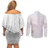 Niue White Sunday Couples Matching Off Shoulder Short Dress and Long Sleeve Button Shirt Half Hiapo Pattern Vibes LT14 - Polynesian Pride