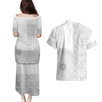 Niue White Sunday Couples Matching Puletasi and Hawaiian Shirt Half Hiapo Pattern Vibes - Polynesian Pride