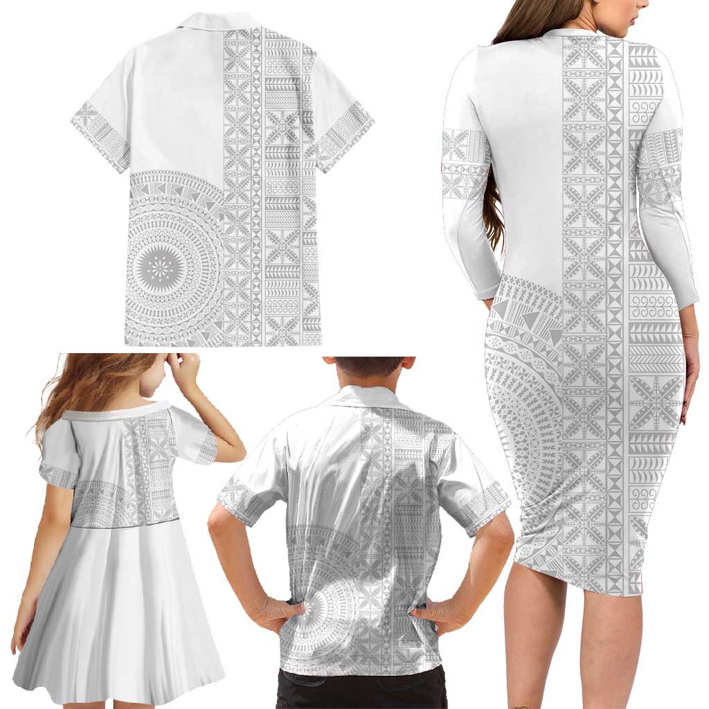Niue White Sunday Family Matching Long Sleeve Bodycon Dress and Hawaiian Shirt Half Hiapo Pattern Vibes - Polynesian Pride