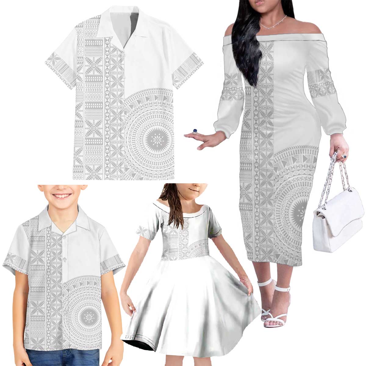 Niue White Sunday Family Matching Off The Shoulder Long Sleeve Dress and Hawaiian Shirt Half Hiapo Pattern Vibes - Polynesian Pride