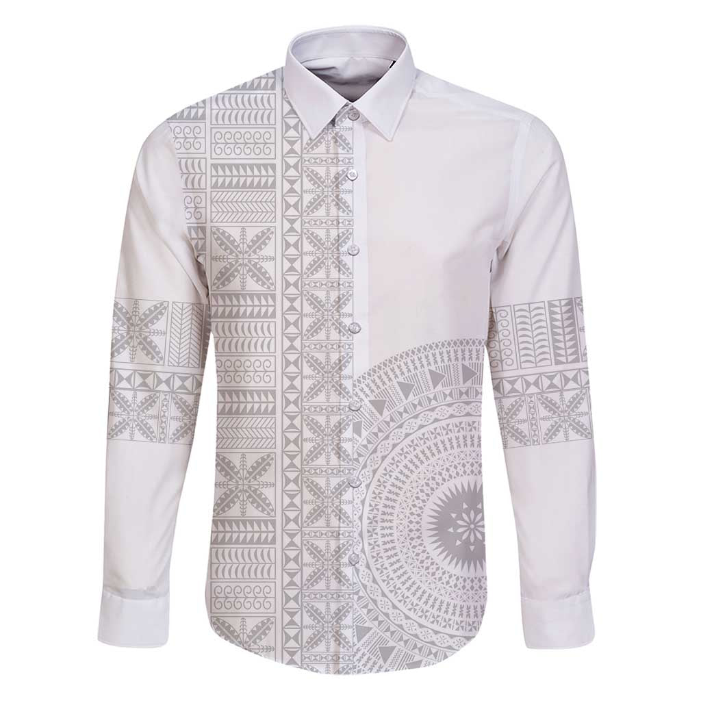 Niue White Sunday Family Matching Puletasi and Hawaiian Shirt Half Hiapo Pattern Vibes LT14 Dad's Shirt - Long Sleeve White - Polynesian Pride
