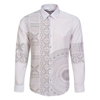 Niue White Sunday Family Matching Puletasi and Hawaiian Shirt Half Hiapo Pattern Vibes LT14 Dad's Shirt - Long Sleeve White - Polynesian Pride