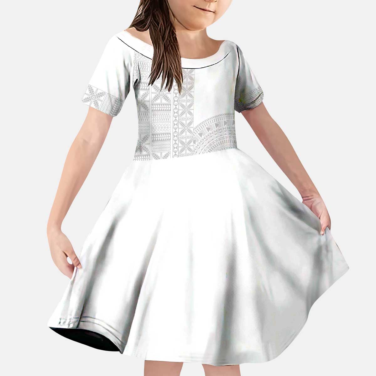 Niue White Sunday Kid Short Sleeve Dress Half Hiapo Pattern Vibes - Polynesian Pride