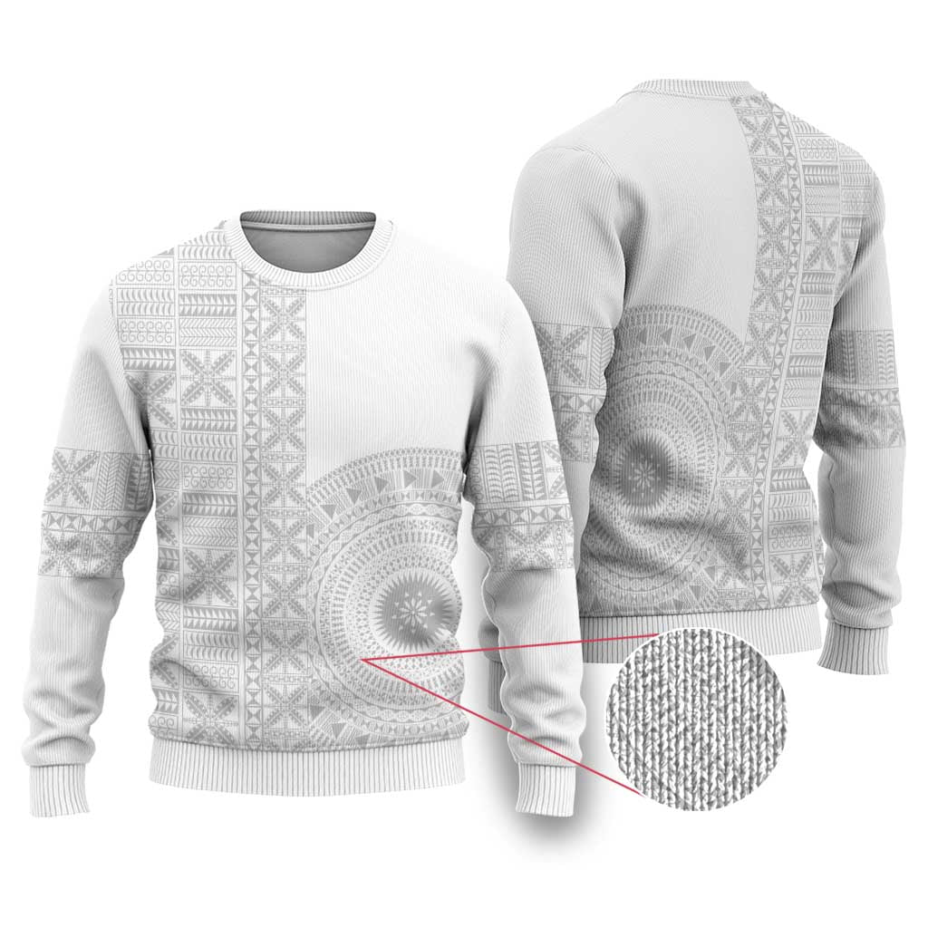 Niue White Sunday Ugly Christmas Sweater Half Hiapo Pattern Vibes - Polynesian Pride