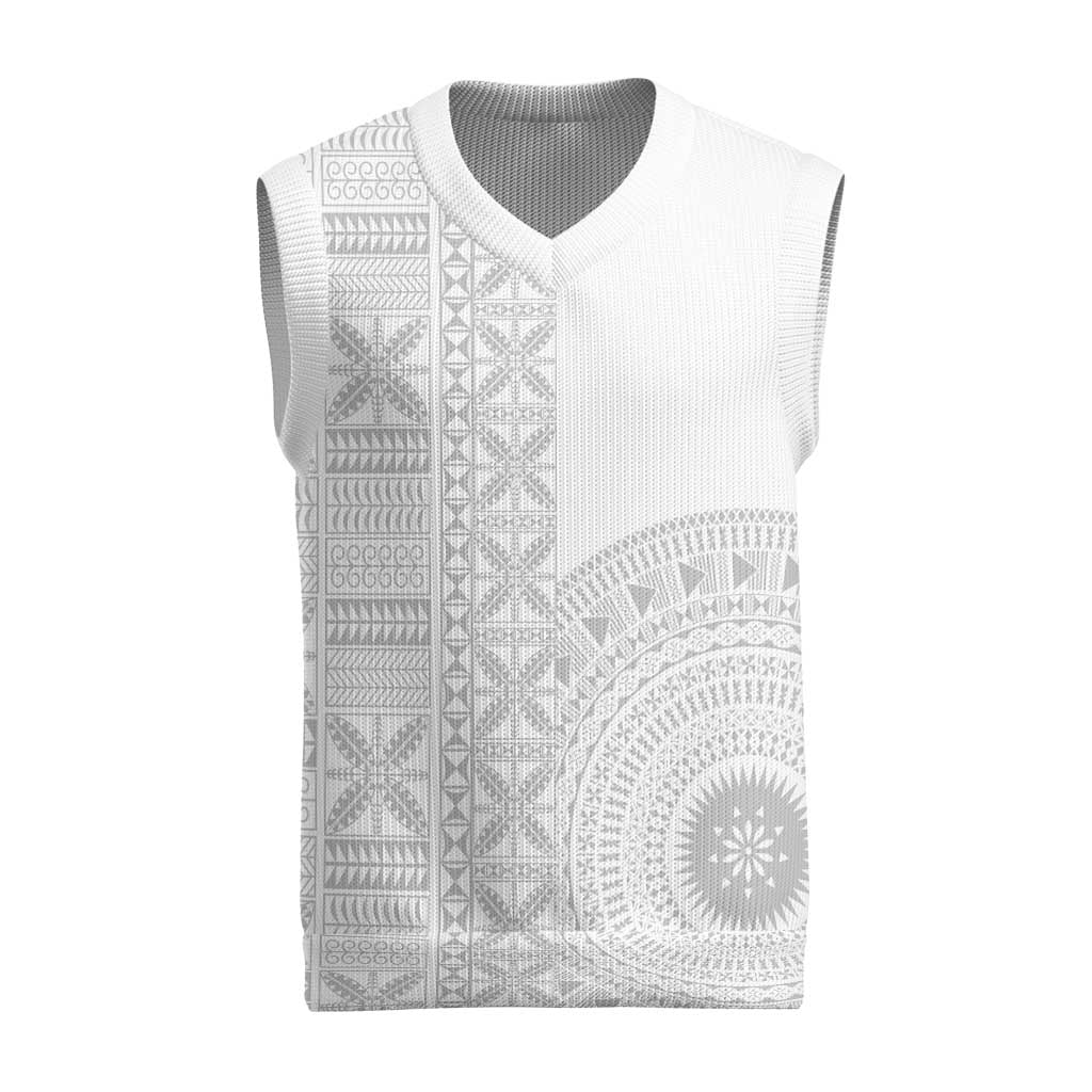 Niue White Sunday Christmas Knitted V-Neck Vest Half Hiapo Pattern Vibes - Polynesian Pride