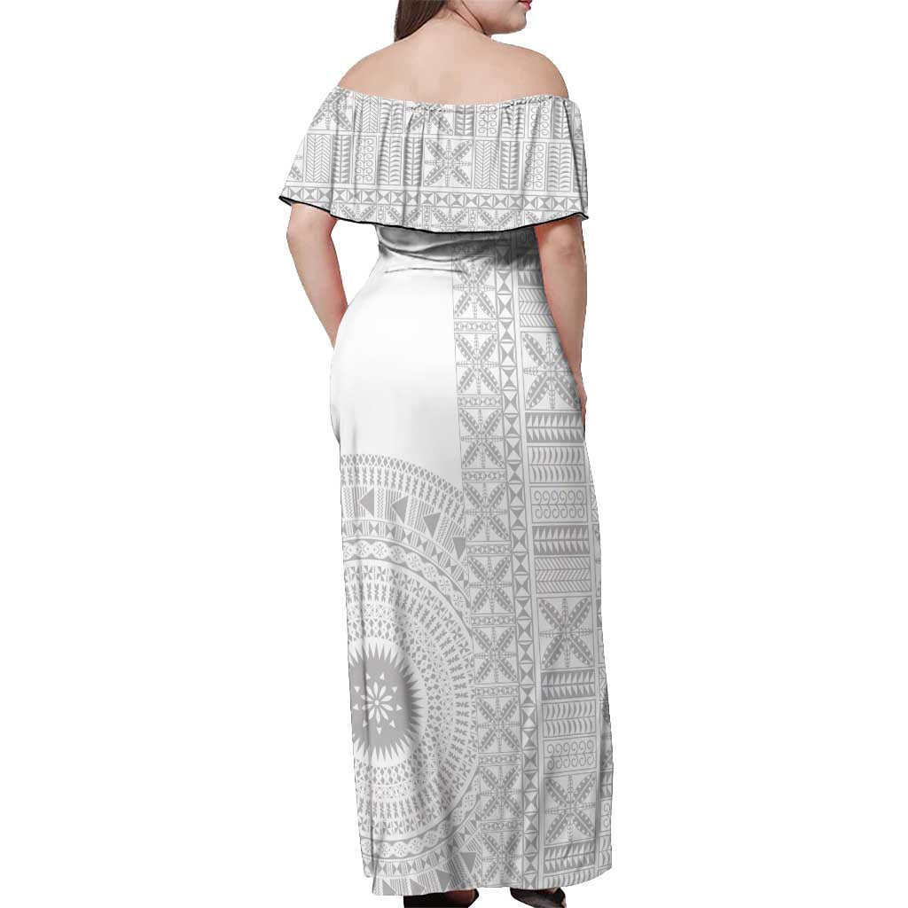 Niue White Sunday Off Shoulder Maxi Dress Half Hiapo Pattern Vibes - Polynesian Pride