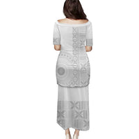 Niue White Sunday Puletasi Half Hiapo Pattern Vibes - Polynesian Pride