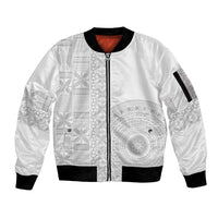 Niue White Sunday Sleeve Zip Bomber Jacket Half Hiapo Pattern Vibes - Polynesian Pride