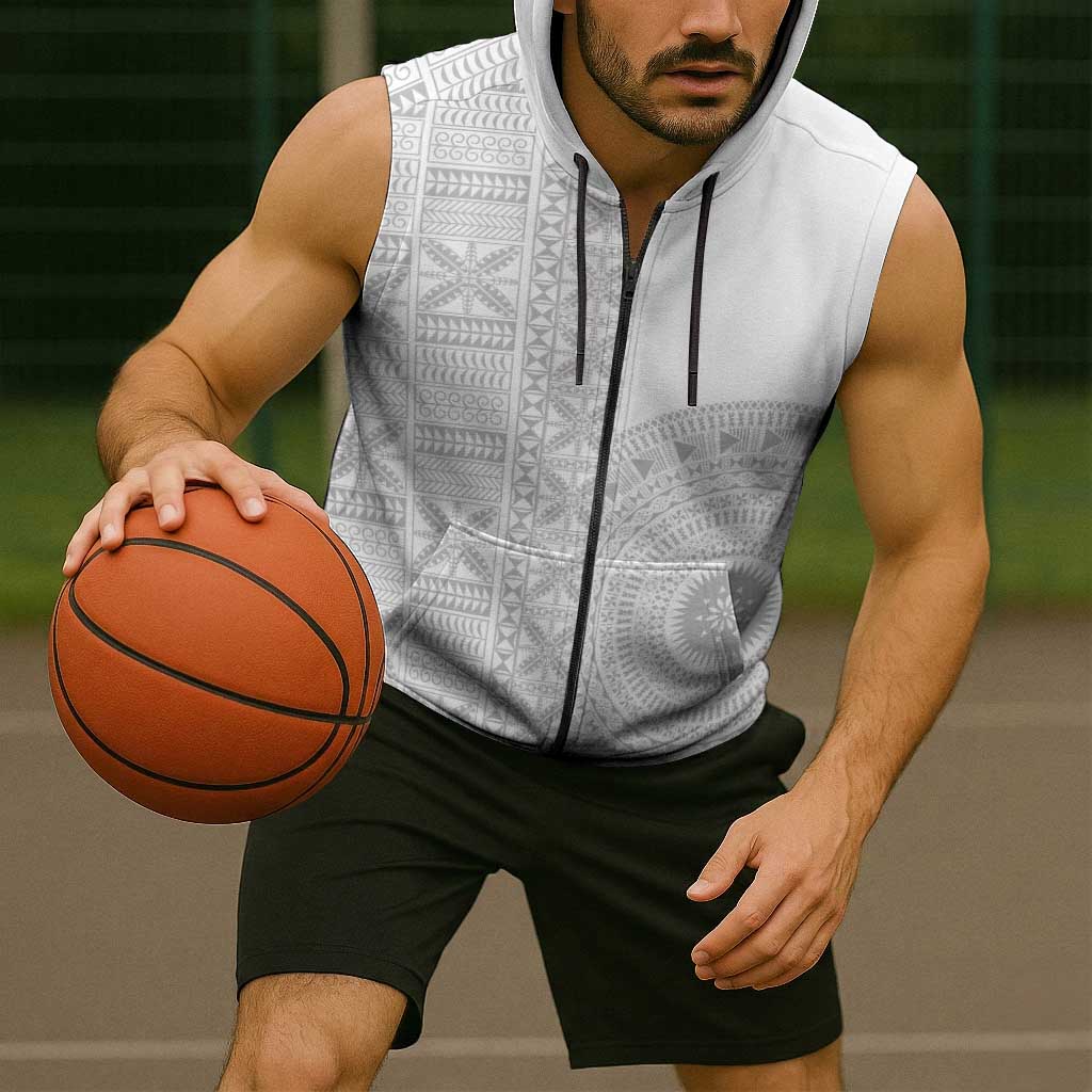Niue White Sunday Sleeveless Zip Hoodie Half Hiapo Pattern Vibes - Polynesian Pride