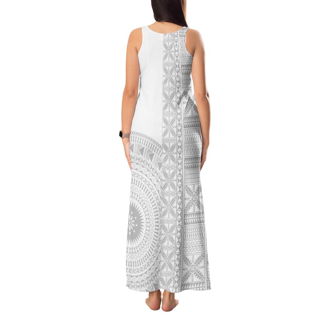 Niue White Sunday Tank Maxi Dress Half Hiapo Pattern Vibes - Polynesian Pride
