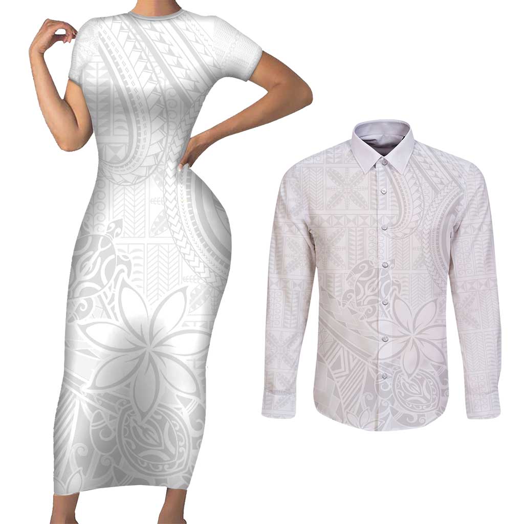 Tapu Fanau Ia Niue Couples Matching Short Sleeve Bodycon Dress and Long Sleeve Button Shirt Happy White Sunday Unique Hiapo - Polynesian Pride
