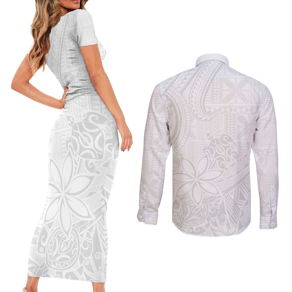 Tapu Fanau Ia Niue Couples Matching Short Sleeve Bodycon Dress and Long Sleeve Button Shirt Happy White Sunday Unique Hiapo - Polynesian Pride