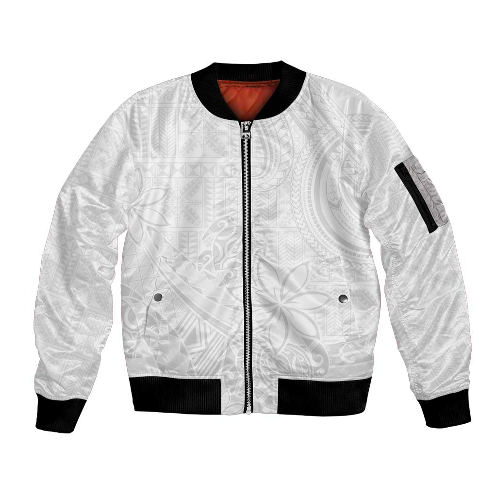 Tapu Fanau Ia Niue Sleeve Zip Bomber Jacket Happy White Sunday Unique Hiapo - Polynesian Pride