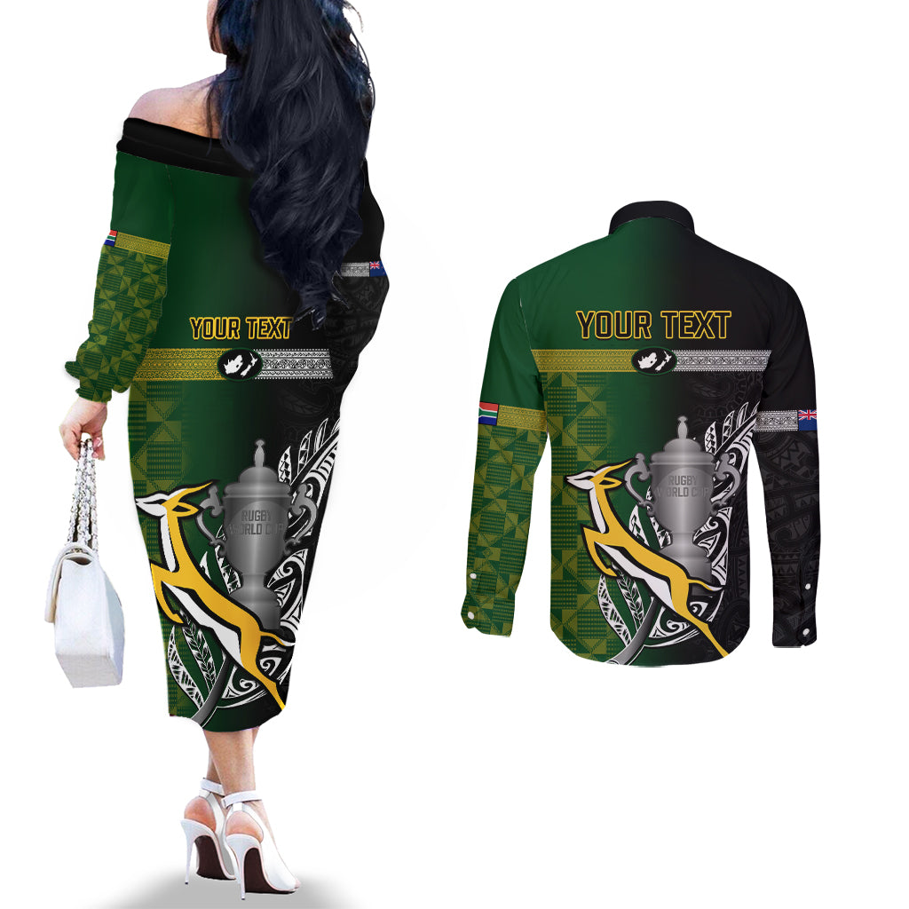 Personalised New Zealand and South Africa Rugby Couples Matching Off The Shoulder Long Sleeve Dress and Long Sleeve Button Shirt 2023 World Cup Final All Black Springboks Together LT14 - Polynesian Pride