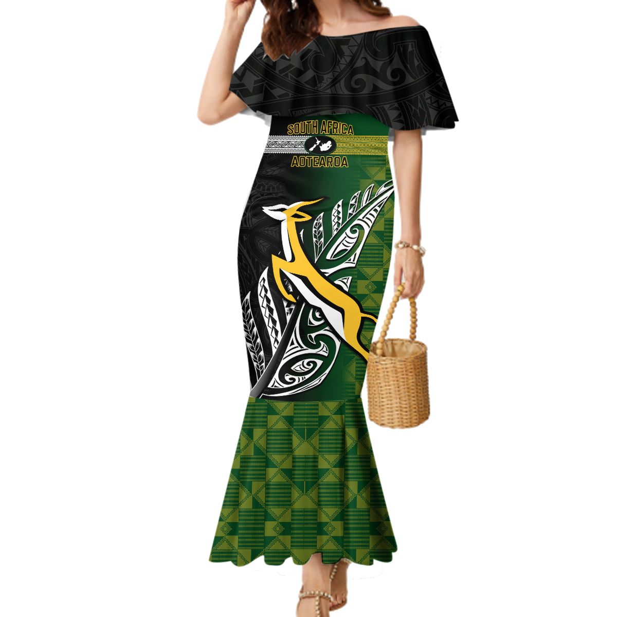 Personalised New Zealand and South Africa Rugby Family Matching Mermaid Dress and Hawaiian Shirt 2023 World Cup Final All Black Springboks Together LT14 Mom's Dress Black - Polynesian Pride