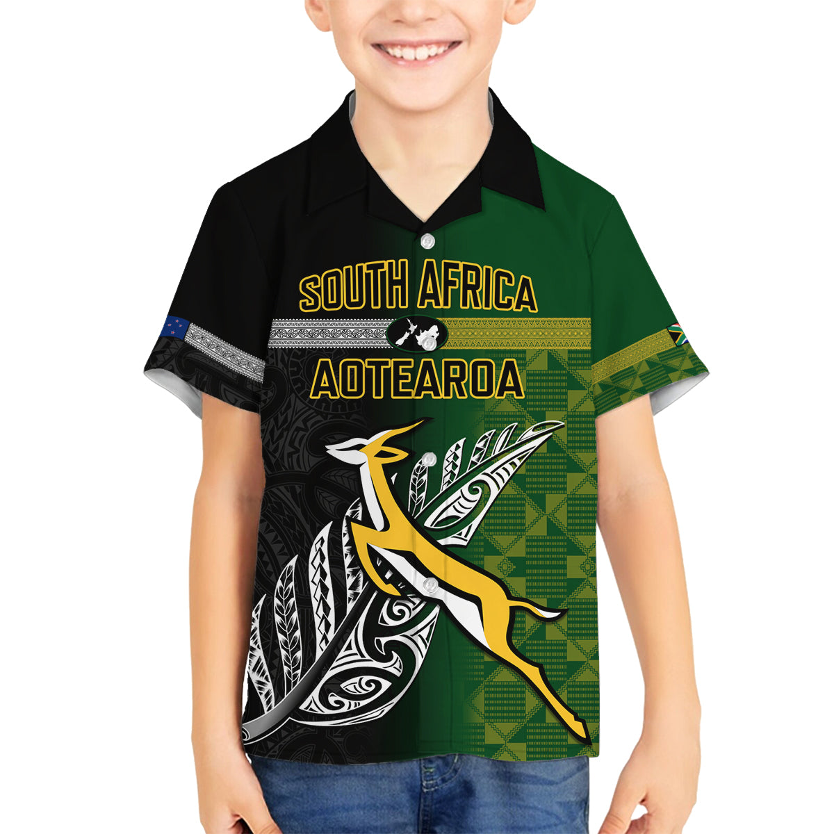 Personalised New Zealand and South Africa Rugby Family Matching Off Shoulder Maxi Dress and Hawaiian Shirt 2023 World Cup Final All Black Springboks Together LT14 Son's Shirt Black - Polynesian Pride
