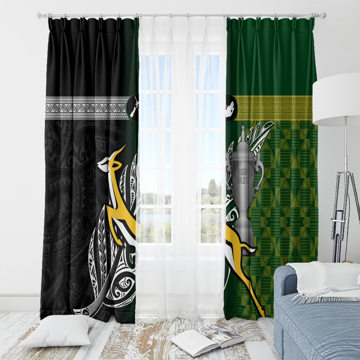 New Zealand and South Africa Rugby Window Curtain 2023 World Cup Final All Black Springboks Together LT14 - Polynesian Pride