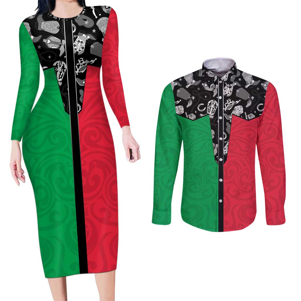Vanuatu Cowboy Couples Matching Long Sleeve Bodycon Dress and Long Sleeve Button Shirt Cowboy Symbols Split Stylized - Polynesian Pride