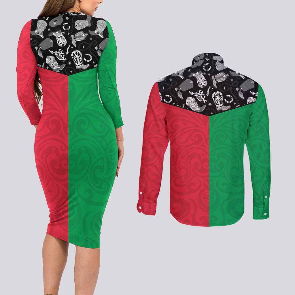 Vanuatu Cowboy Couples Matching Long Sleeve Bodycon Dress and Long Sleeve Button Shirt Cowboy Symbols Split Stylized - Polynesian Pride