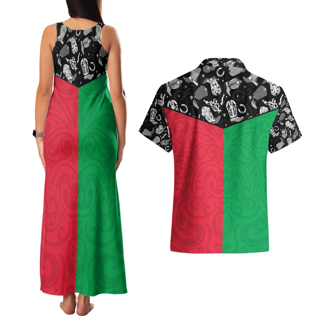 Vanuatu Cowboy Couples Matching Tank Maxi Dress and Hawaiian Shirt Cowboy Symbols Split Stylized - Polynesian Pride