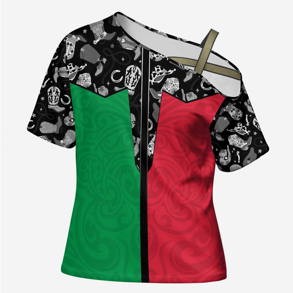 Vanuatu Cowboy Cross Shoulder Shirt Cowboy Symbols Split Stylized - Polynesian Pride