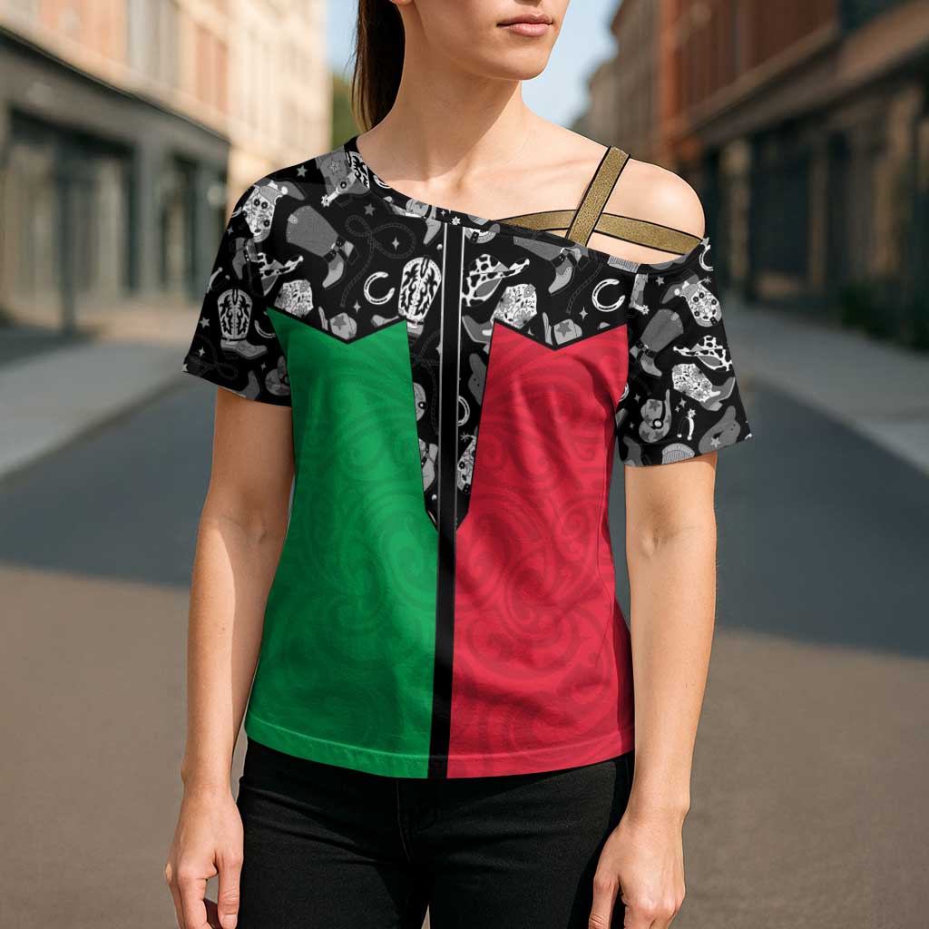 Vanuatu Cowboy Cross Shoulder Shirt Cowboy Symbols Split Stylized - Polynesian Pride