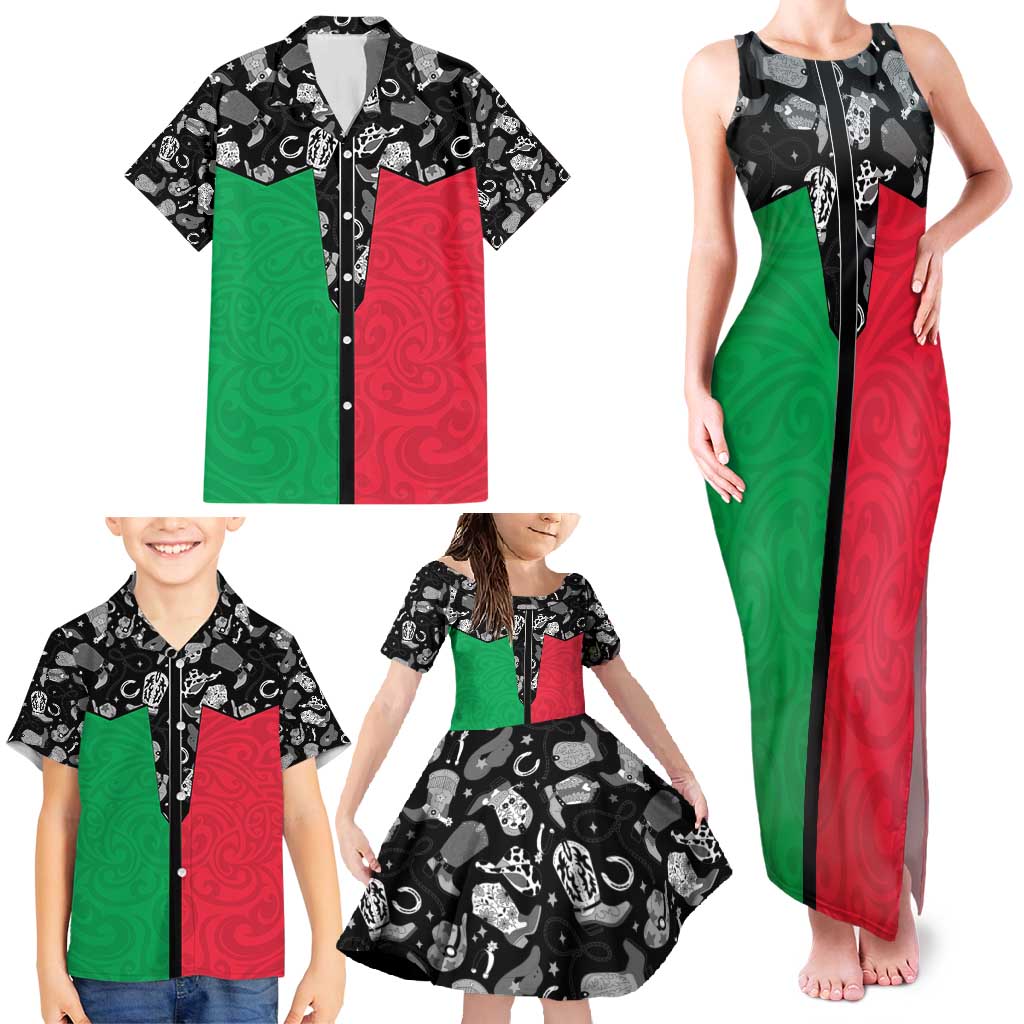 Vanuatu Cowboy Family Matching Tank Maxi Dress and Hawaiian Shirt Cowboy Symbols Split Stylized - Polynesian Pride