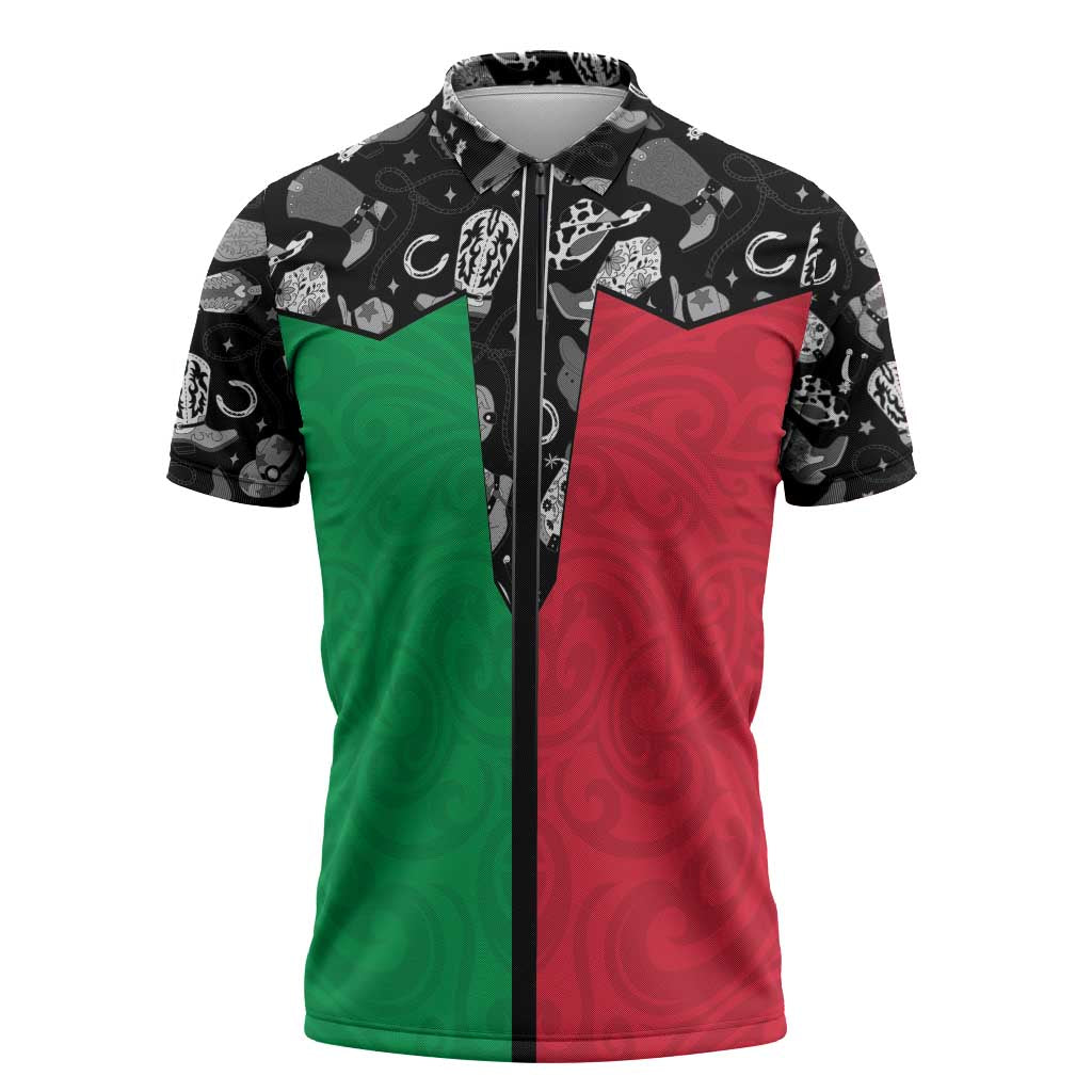 Vanuatu Cowboy Zipper Polo Shirt Cowboy Symbols Split Stylized - Polynesian Pride