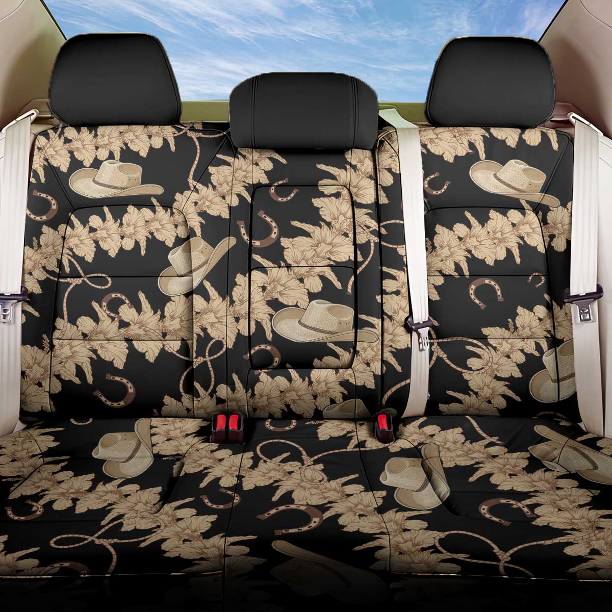 Vanuatu Cowboy Back Car Seat Cover Seamless Straw Hats Hibiscus - Polynesian Pride