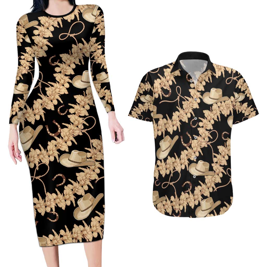 Vanuatu Cowboy Couples Matching Long Sleeve Bodycon Dress and Hawaiian Shirt Seamless Straw Hats Hibiscus - Polynesian Pride