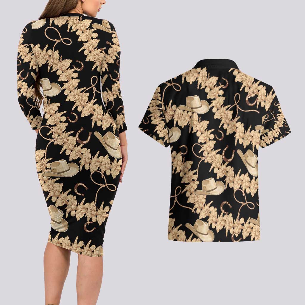 Vanuatu Cowboy Couples Matching Long Sleeve Bodycon Dress and Hawaiian Shirt Seamless Straw Hats Hibiscus - Polynesian Pride