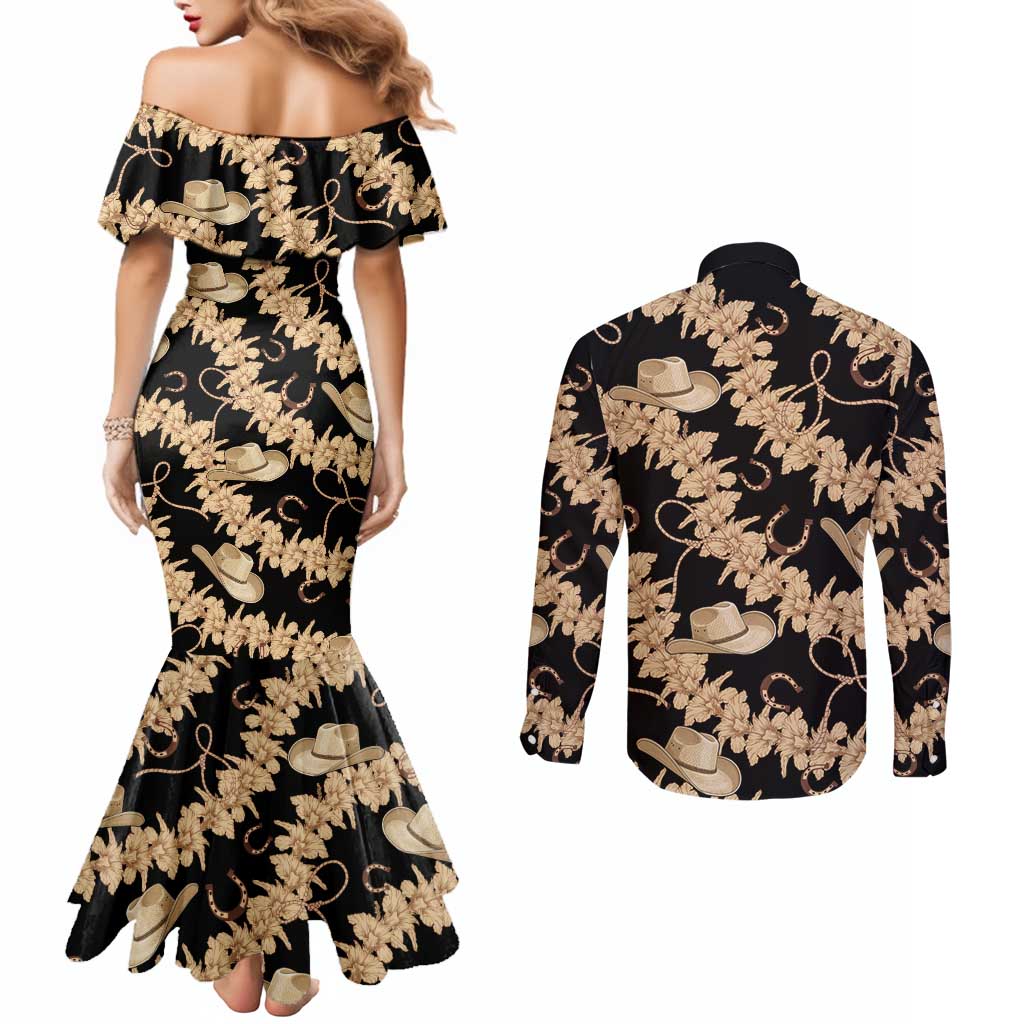 Vanuatu Cowboy Couples Matching Mermaid Dress and Long Sleeve Button Shirt Seamless Straw Hats Hibiscus - Polynesian Pride