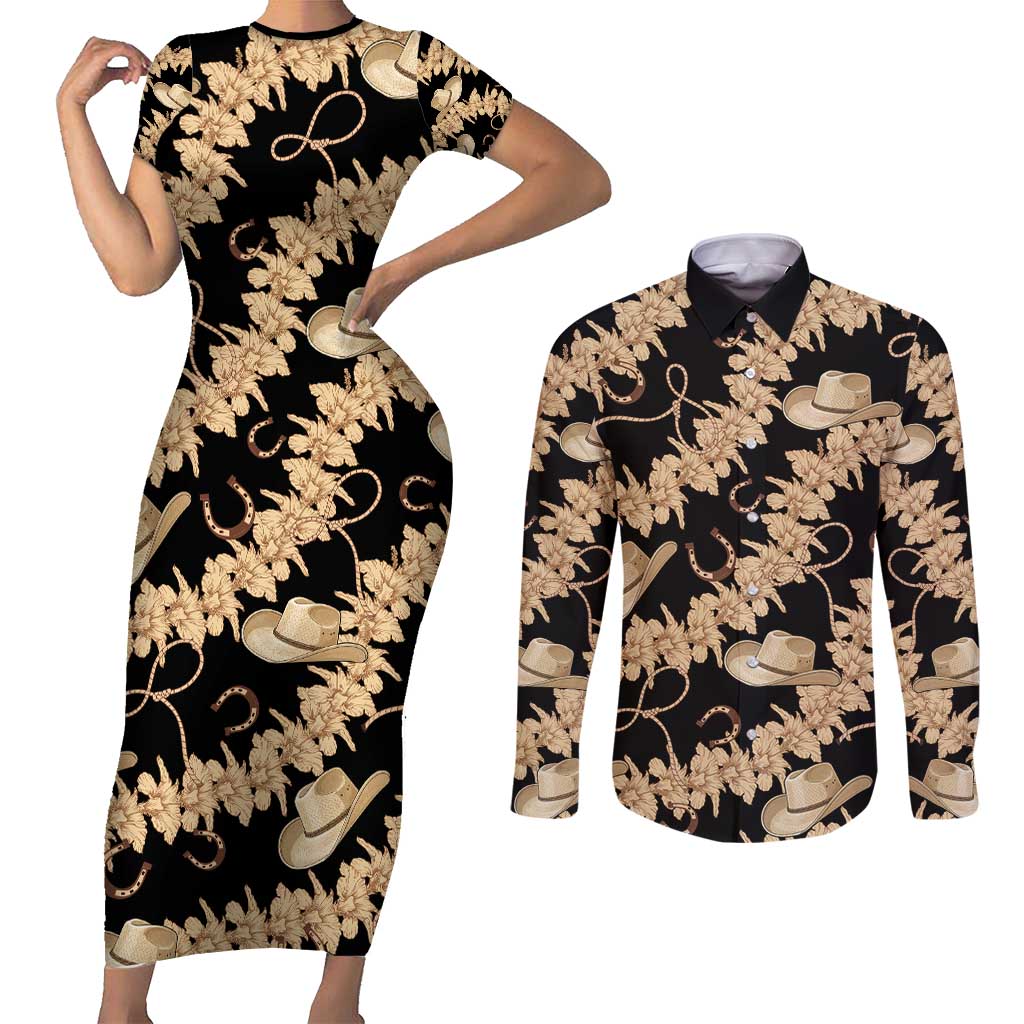 Vanuatu Cowboy Couples Matching Short Sleeve Bodycon Dress and Long Sleeve Button Shirt Seamless Straw Hats Hibiscus LT14 Black - Polynesian Pride