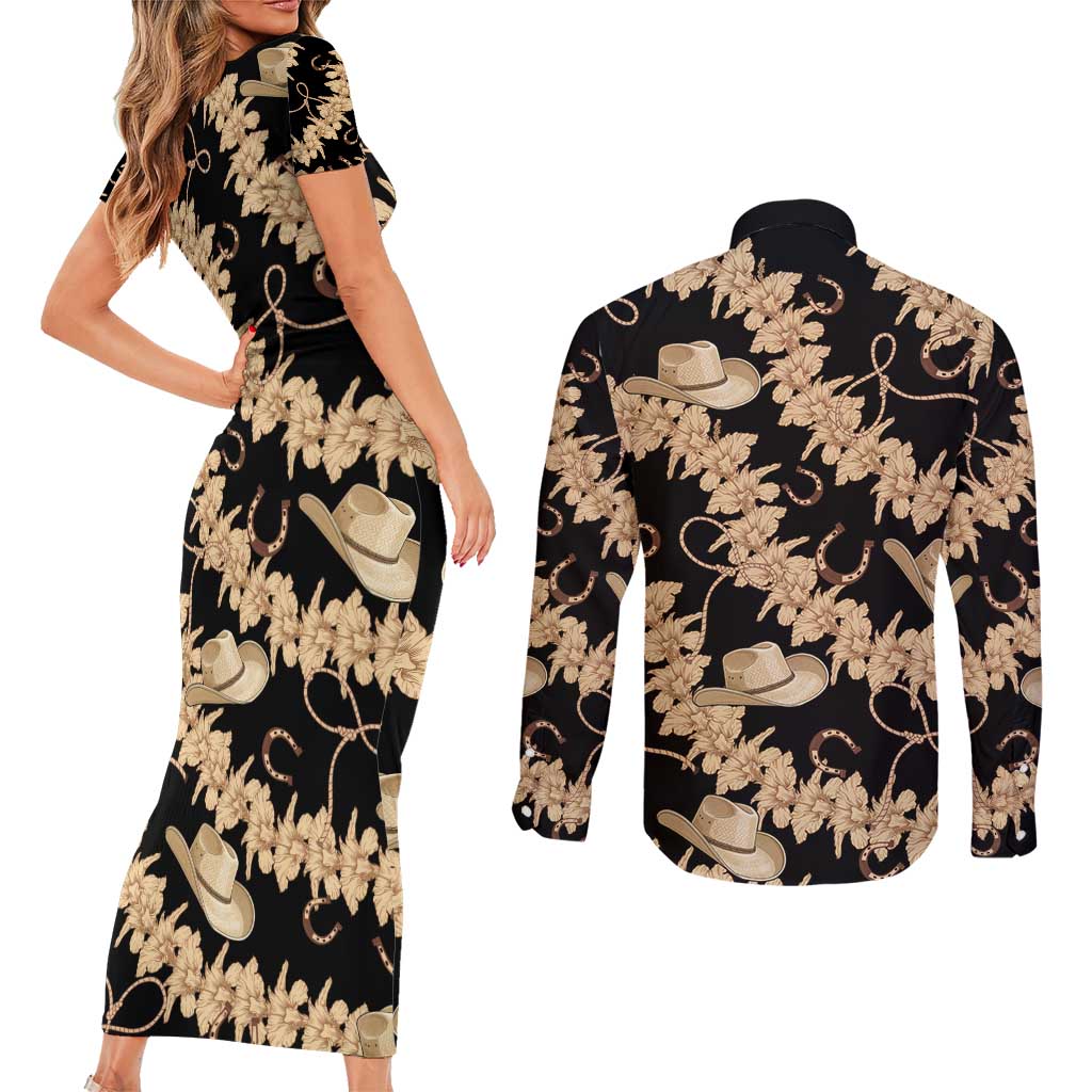 Vanuatu Cowboy Couples Matching Short Sleeve Bodycon Dress and Long Sleeve Button Shirt Seamless Straw Hats Hibiscus LT14 - Polynesian Pride