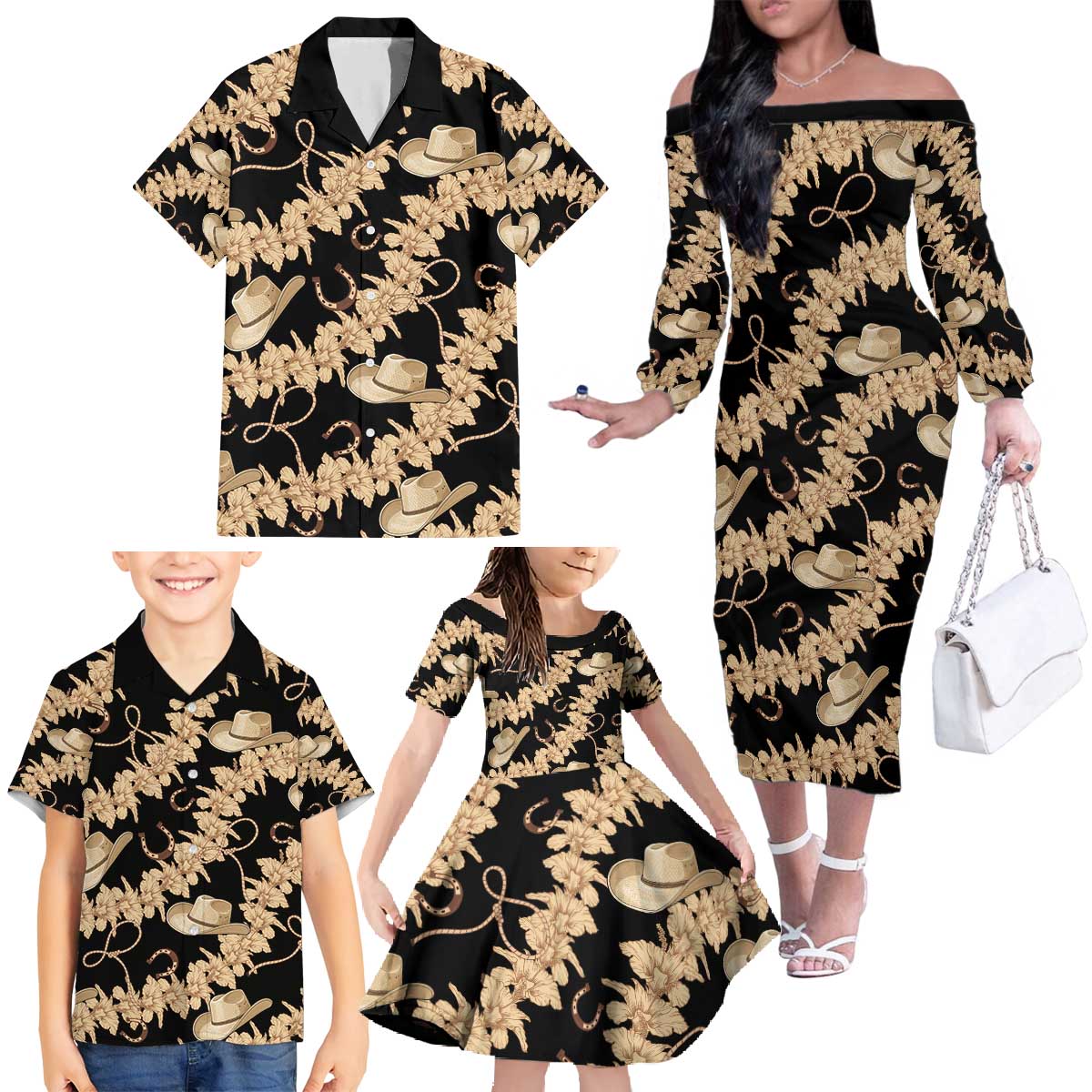 Vanuatu Cowboy Family Matching Off The Shoulder Long Sleeve Dress and Hawaiian Shirt Seamless Straw Hats Hibiscus - Polynesian Pride