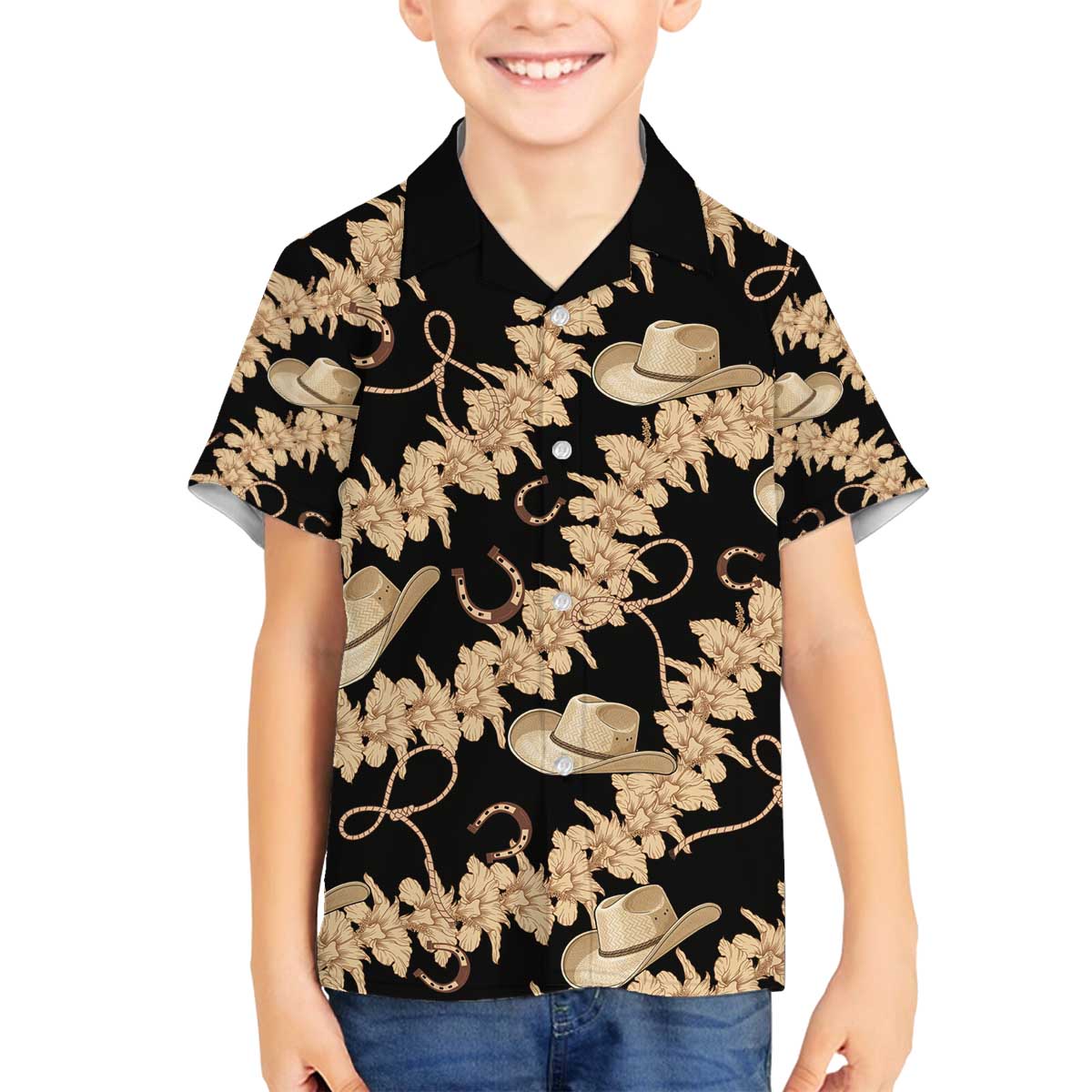 Vanuatu Cowboy Family Matching Off The Shoulder Long Sleeve Dress and Hawaiian Shirt Seamless Straw Hats Hibiscus - Polynesian Pride