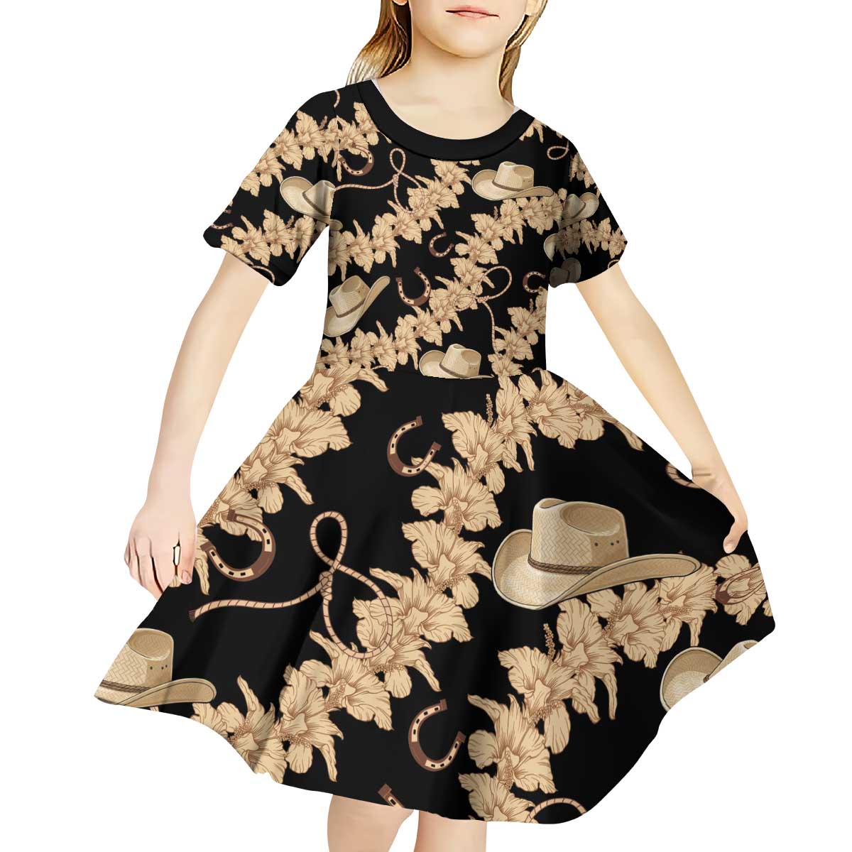 Vanuatu Cowboy Kid Short Sleeve Dress Seamless Straw Hats Hibiscus - Polynesian Pride