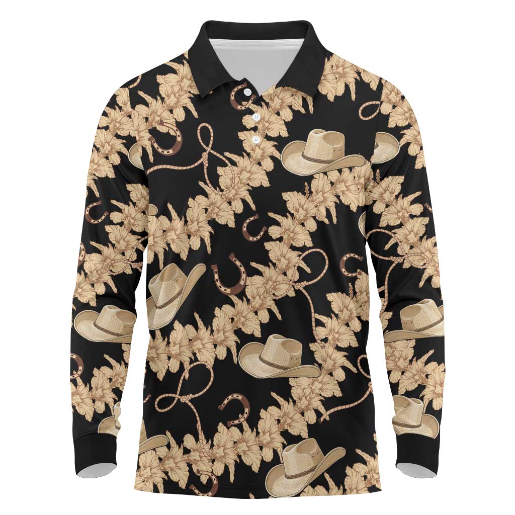 Vanuatu Cowboy Long Sleeve Polo Shirt Seamless Straw Hats Hibiscus - Polynesian Pride