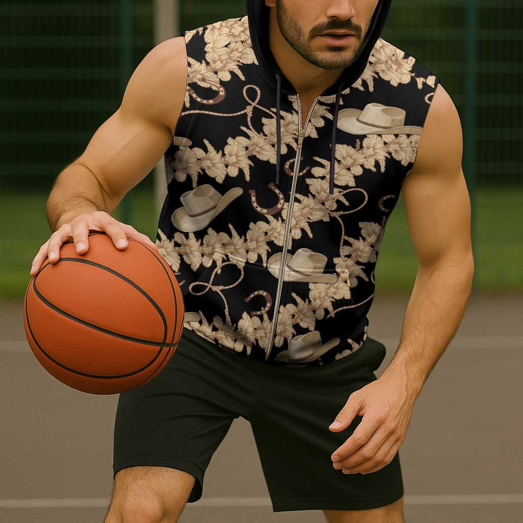 Vanuatu Cowboy Sleeveless Zip Hoodie Seamless Straw Hats Hibiscus - Polynesian Pride